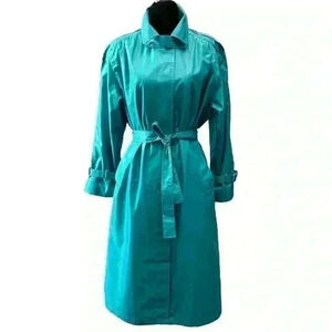 Vintage London Fog Trench  Coat Iridescent Teal Green Size 10 Petite